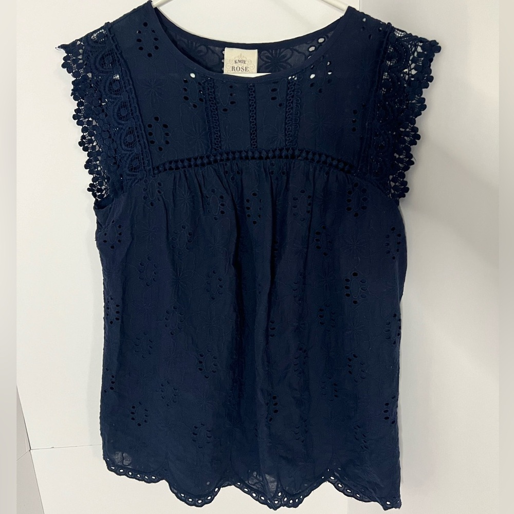Knox Rose Dark Blue Eyelet Top, XS